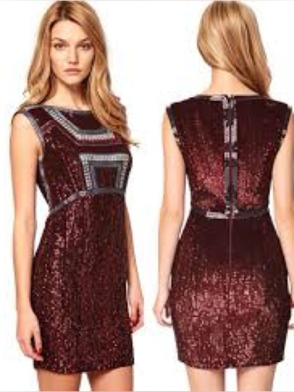Y2K Vintage French Connection Burgundy Mini Dress with Silver Beading